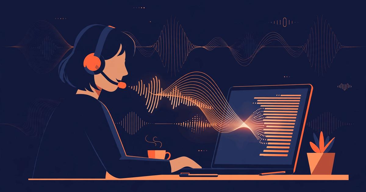 Editorial illustration of a person dictating at a Windows-style desk setup, microphone waves rising from a speech bubble, dark navy background with orange accents.