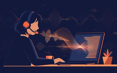 Editorial illustration of a person dictating at a Windows-style desk setup, microphone waves rising from a speech bubble, dark navy background with orange accents.