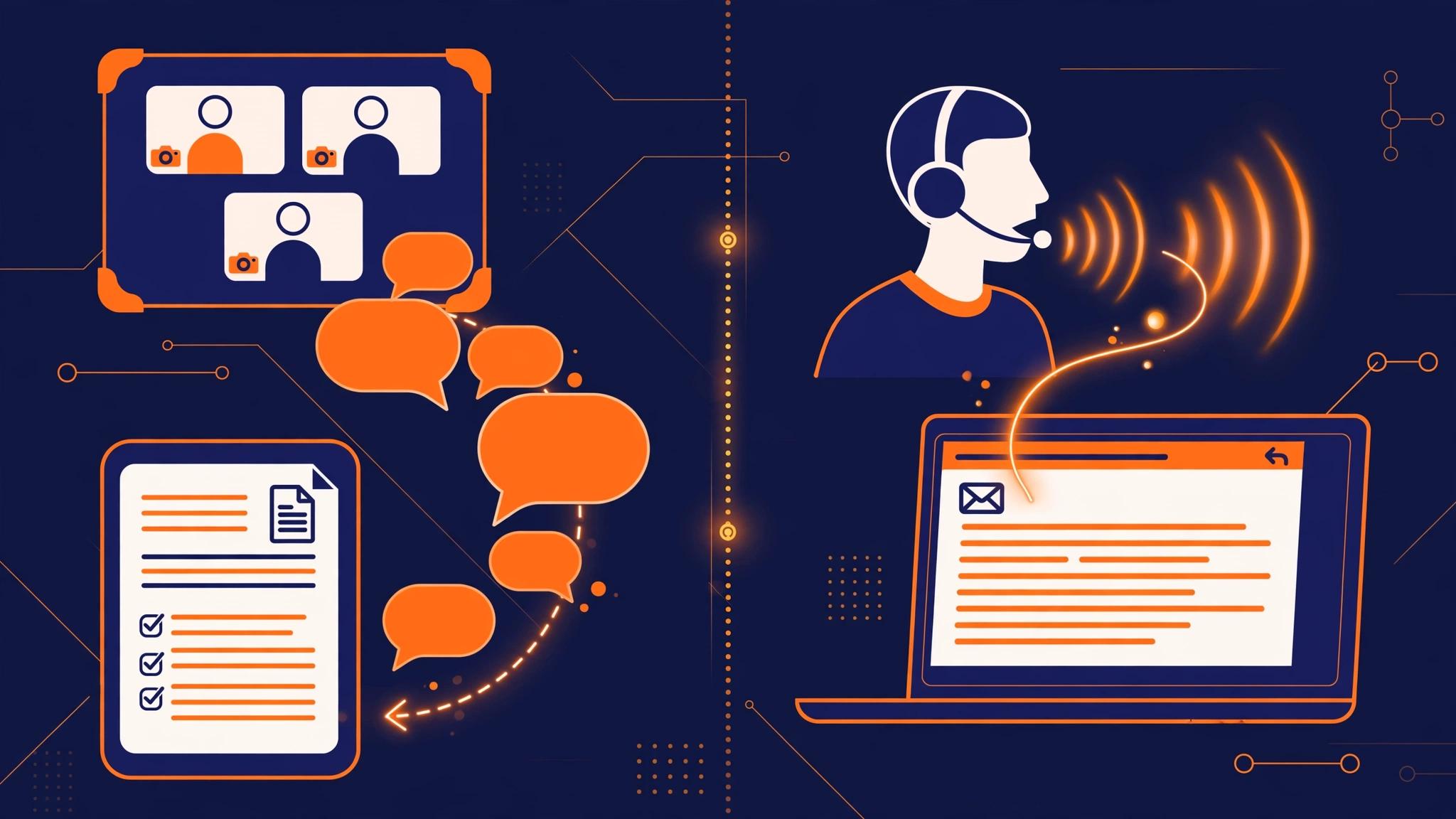 Two workflows illustrated side by side: a video call with speech bubbles turning into a meeting transcript, and a person speaking into a laptop while written sentences appear in an email.