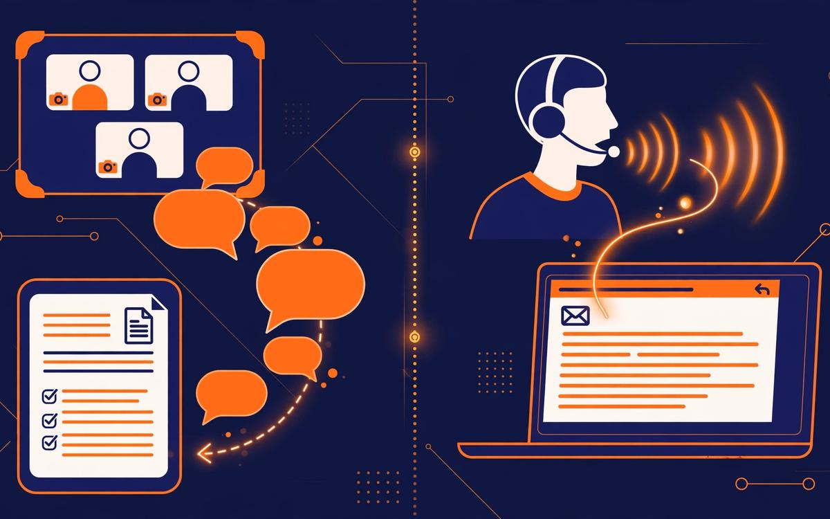 Two workflows illustrated side by side: a video call with speech bubbles turning into a meeting transcript, and a person speaking into a laptop while written sentences appear in an email.