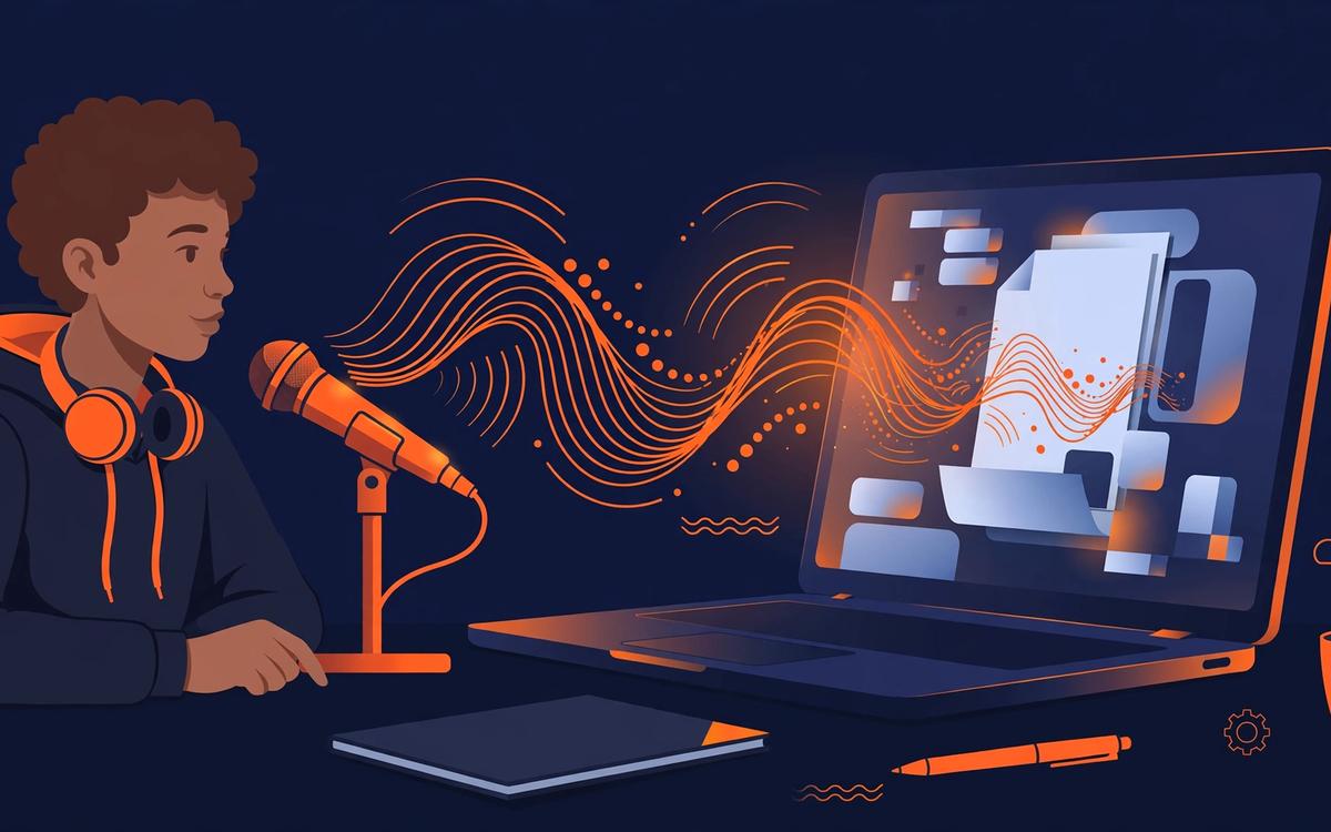 A student at a desk dictating an essay into a laptop, sound waves flowing into the document on screen, warm orange glow over deep navy.