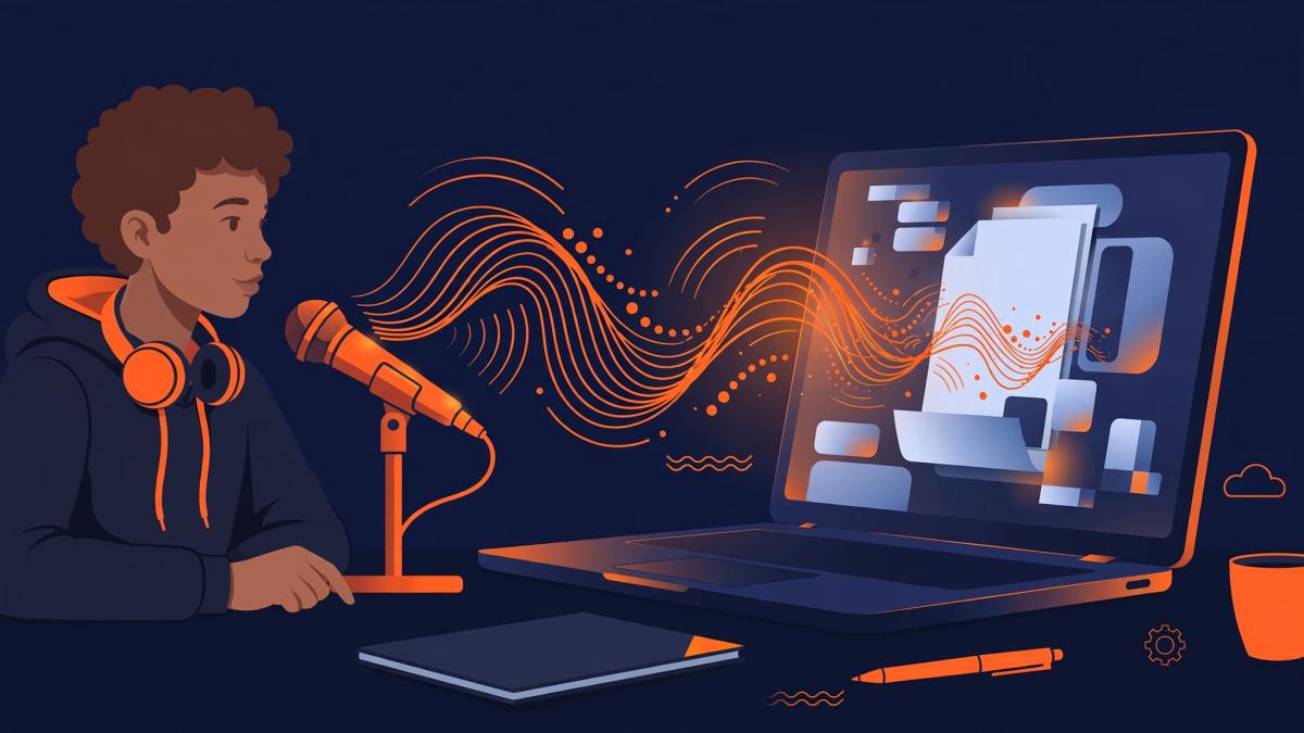 A student at a desk dictating an essay into a laptop, sound waves flowing into the document on screen, warm orange glow over deep navy.