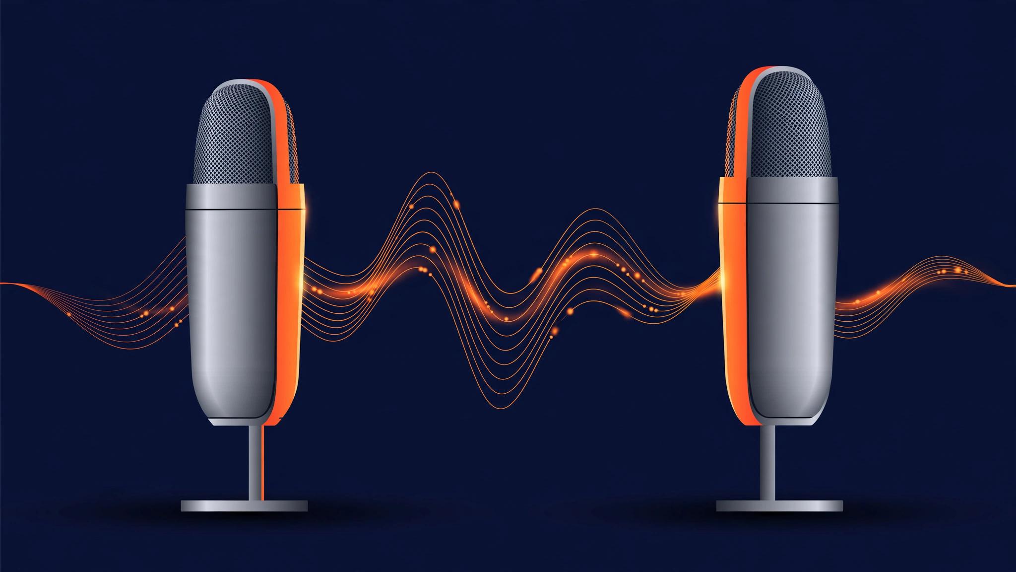 Two microphones side by side on a dark navy background with orange accents, one labeled by price tags showing the comparison theme