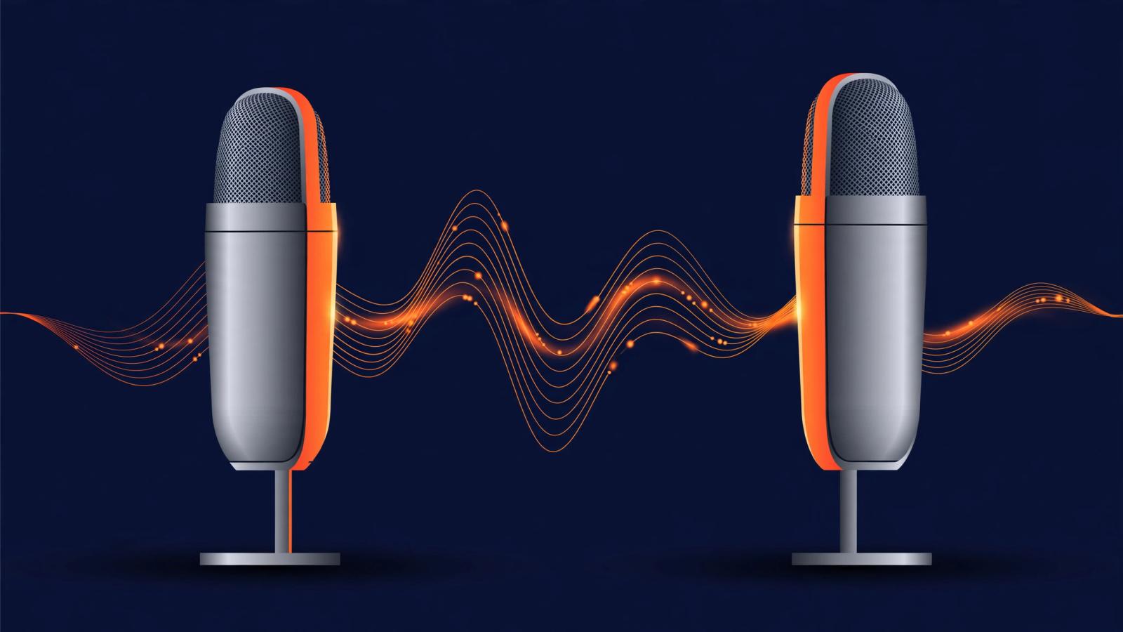 Two microphones side by side on a dark navy background with orange accents, one labeled by price tags showing the comparison theme