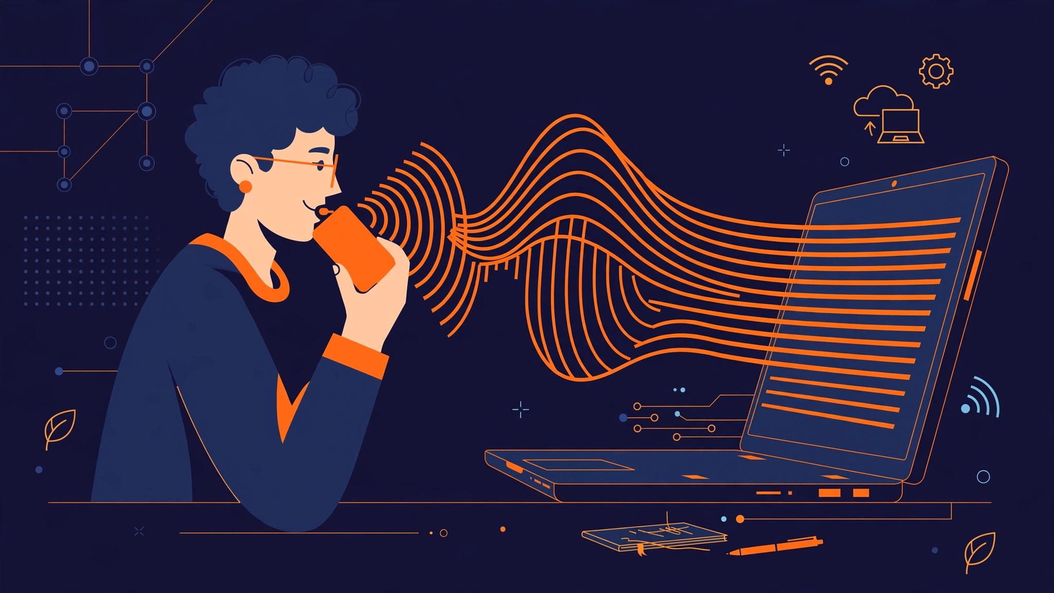 Editorial illustration of a person dictating into a phone and laptop, with sound waves turning into clean text