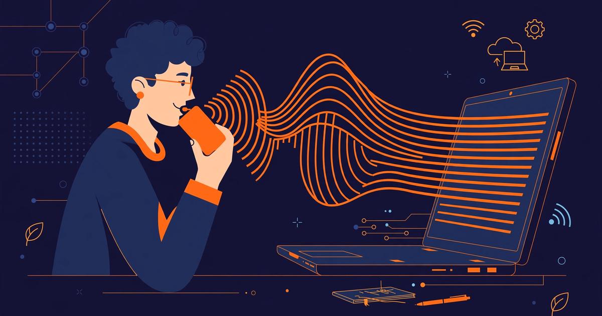 Editorial illustration of a person dictating into a phone and laptop, with sound waves turning into clean text