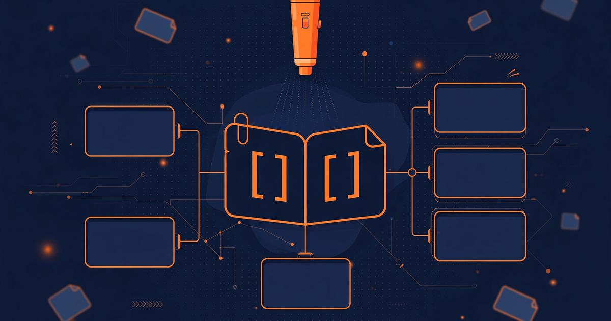 Dark navy editorial illustration of a microphone hovering over an open markdown note with link brackets, glowing orange accents.