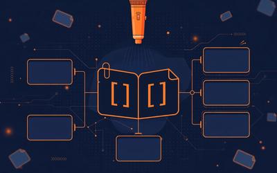 Dark navy editorial illustration of a microphone hovering over an open markdown note with link brackets, glowing orange accents.