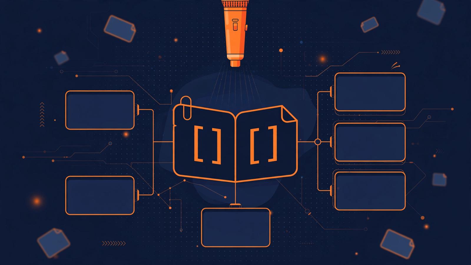 Dark navy editorial illustration of a microphone hovering over an open markdown note with link brackets, glowing orange accents.