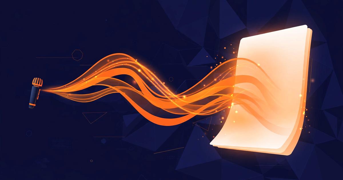 A minimalist laptop screen glowing with a Word document while sound-wave ribbons rise from a microphone, dark navy with orange accents