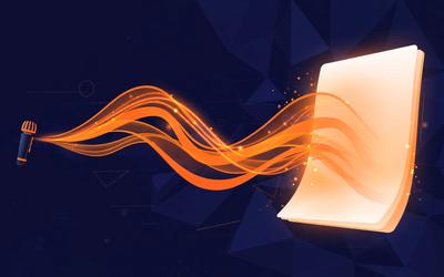 A minimalist laptop screen glowing with a Word document while sound-wave ribbons rise from a microphone, dark navy with orange accents