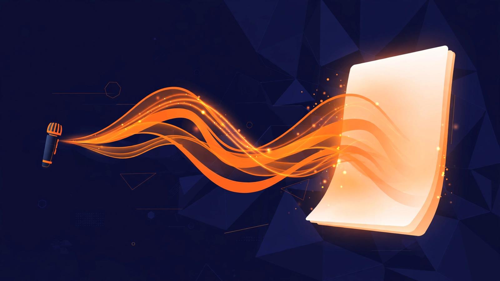 A minimalist laptop screen glowing with a Word document while sound-wave ribbons rise from a microphone, dark navy with orange accents