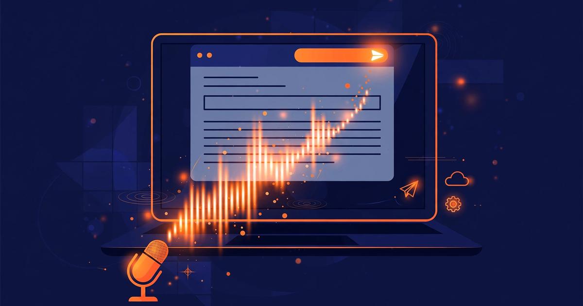Editorial illustration of a laptop with a Gmail compose window, sound-wave bars rising from a microphone toward the email draft, dark navy and orange