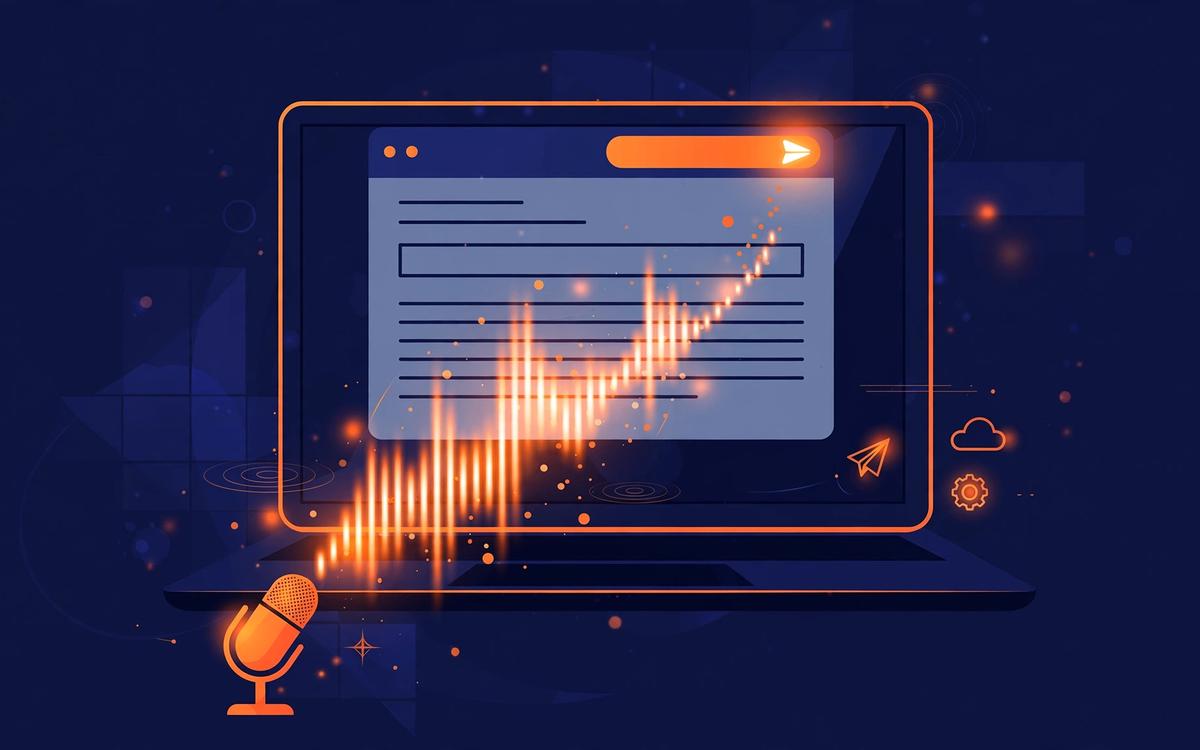 Editorial illustration of a laptop with a Gmail compose window, sound-wave bars rising from a microphone toward the email draft, dark navy and orange