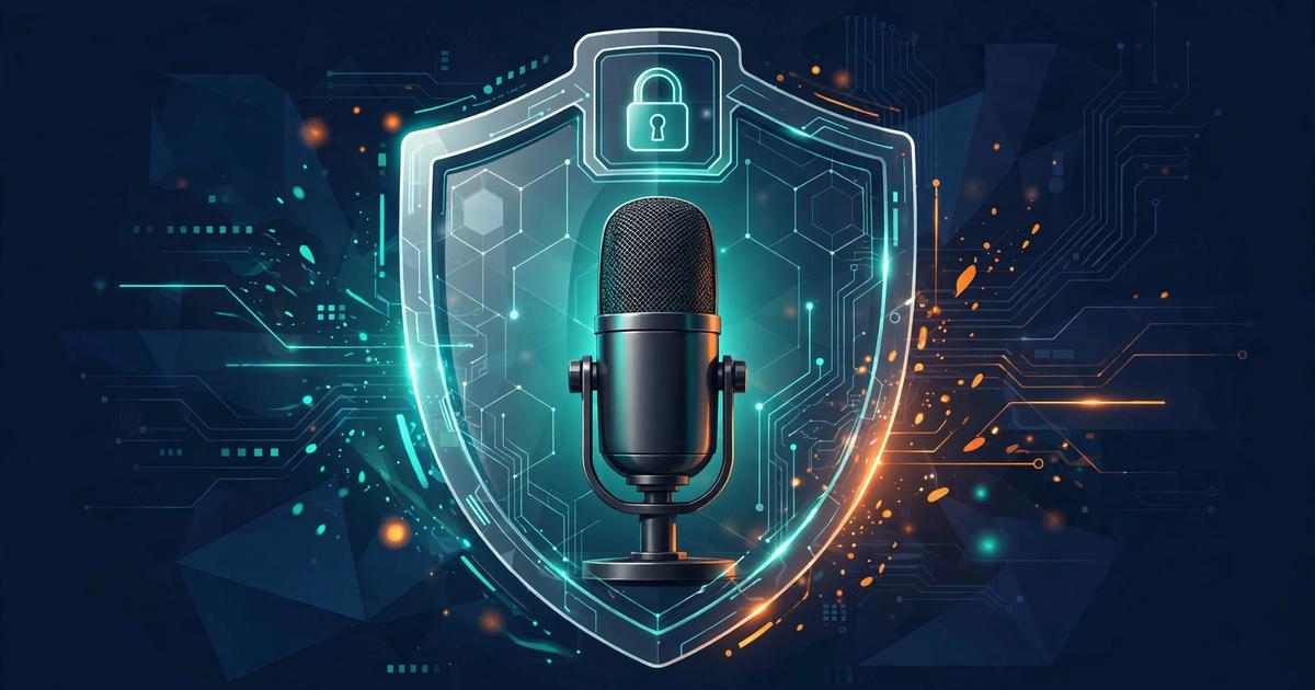 Dark navy editorial illustration of a microphone sealed inside a locked vault with subtle orange accent lighting, symbolizing private voice dictation with no data retention.