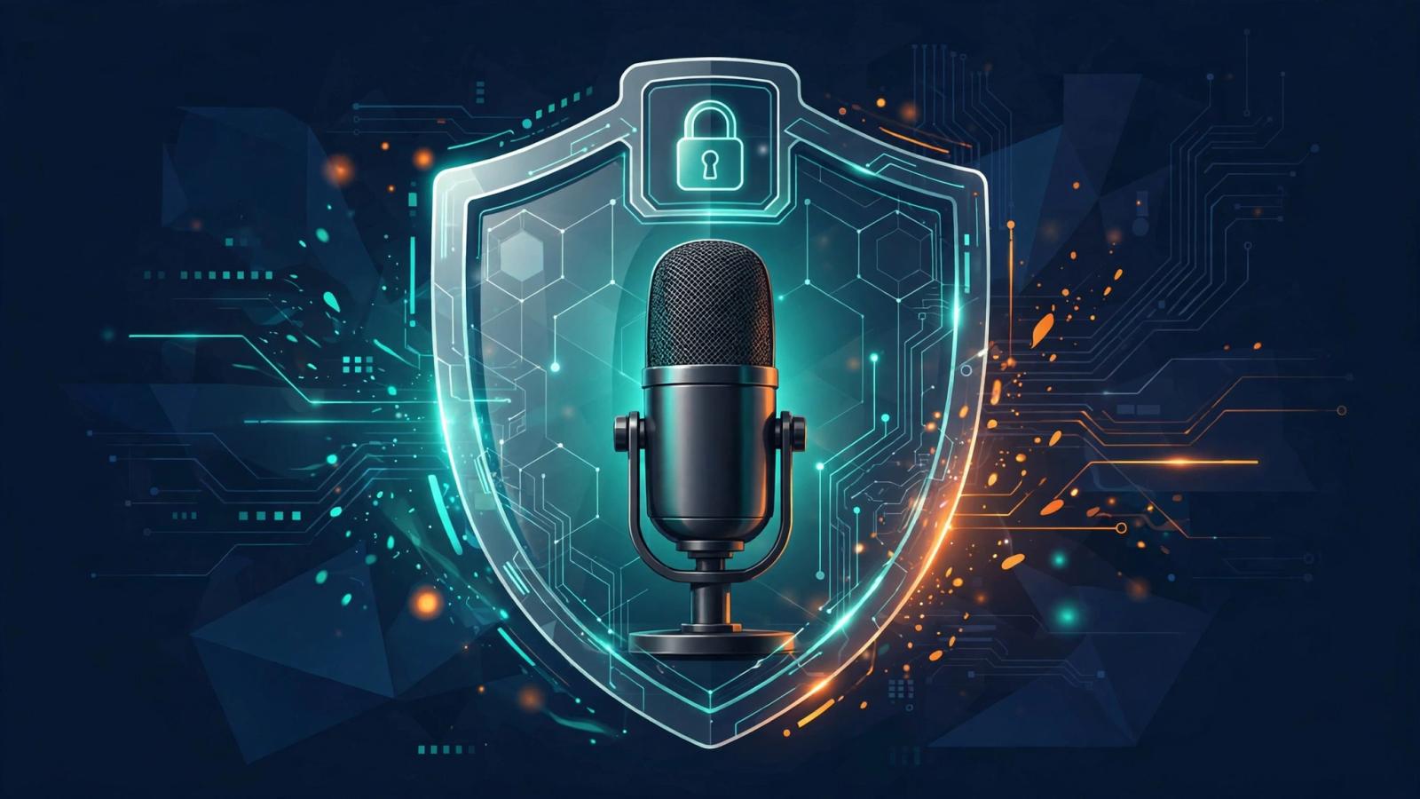Dark navy editorial illustration of a microphone sealed inside a locked vault with subtle orange accent lighting, symbolizing private voice dictation with no data retention.