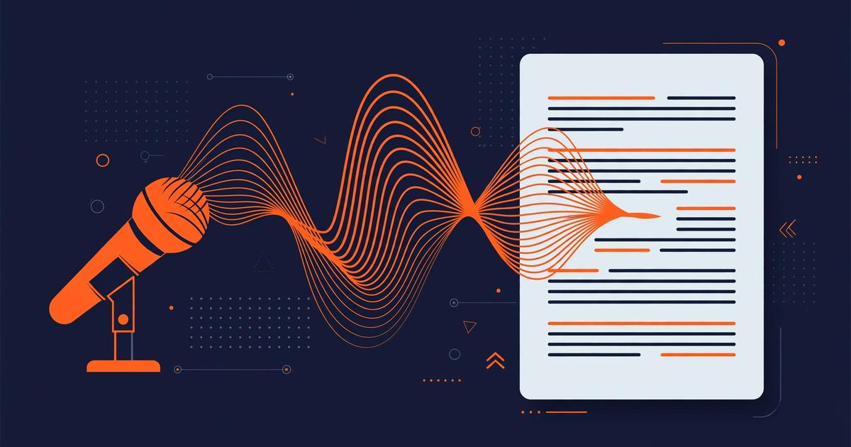 Editorial illustration of a Google Docs-style document with sound waves flowing from a microphone into typed paragraphs, dark navy and orange