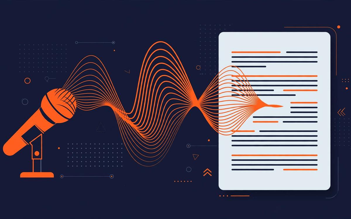 Editorial illustration of a Google Docs-style document with sound waves flowing from a microphone into typed paragraphs, dark navy and orange