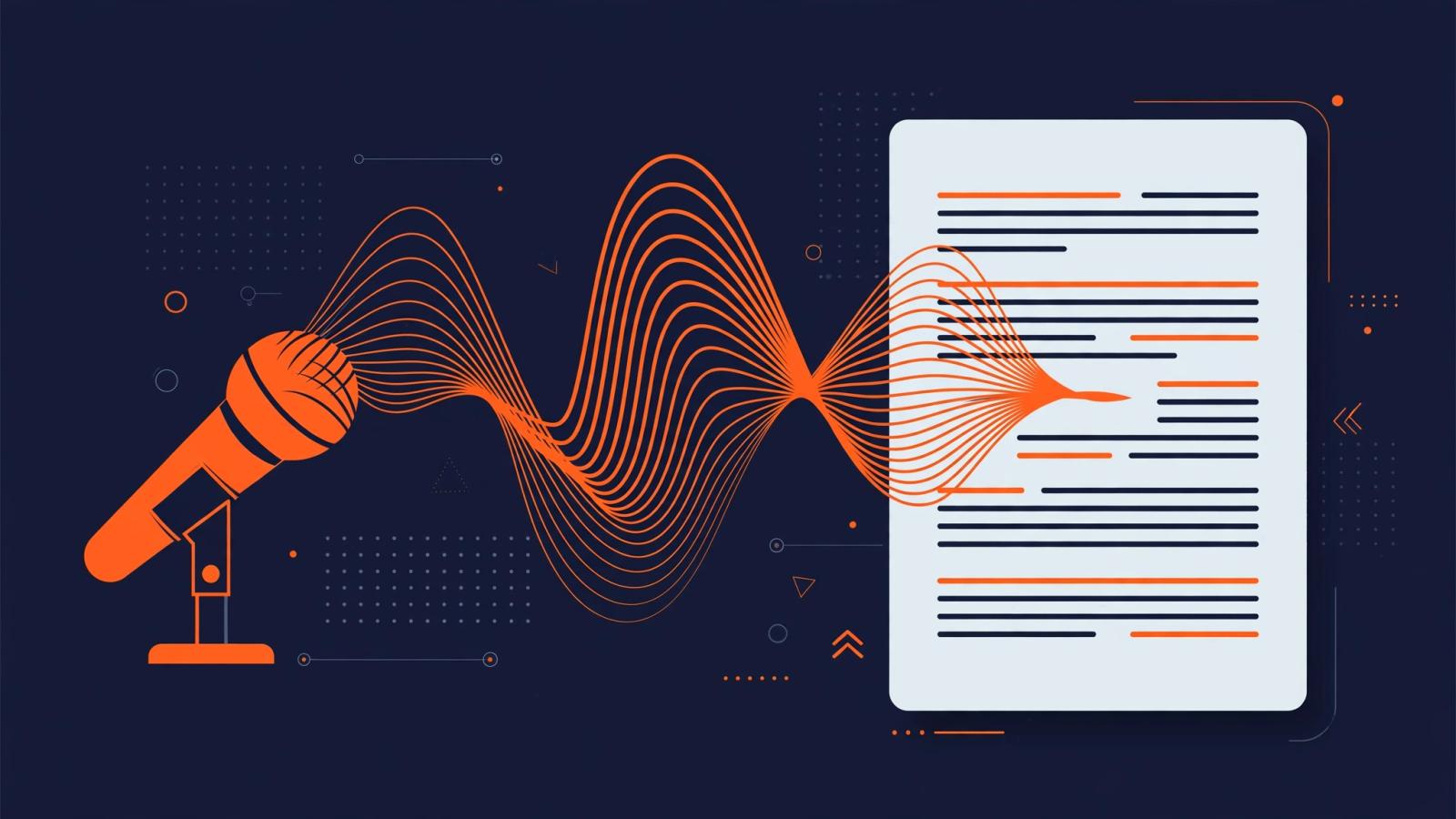 Editorial illustration of a Google Docs-style document with sound waves flowing from a microphone into typed paragraphs, dark navy and orange