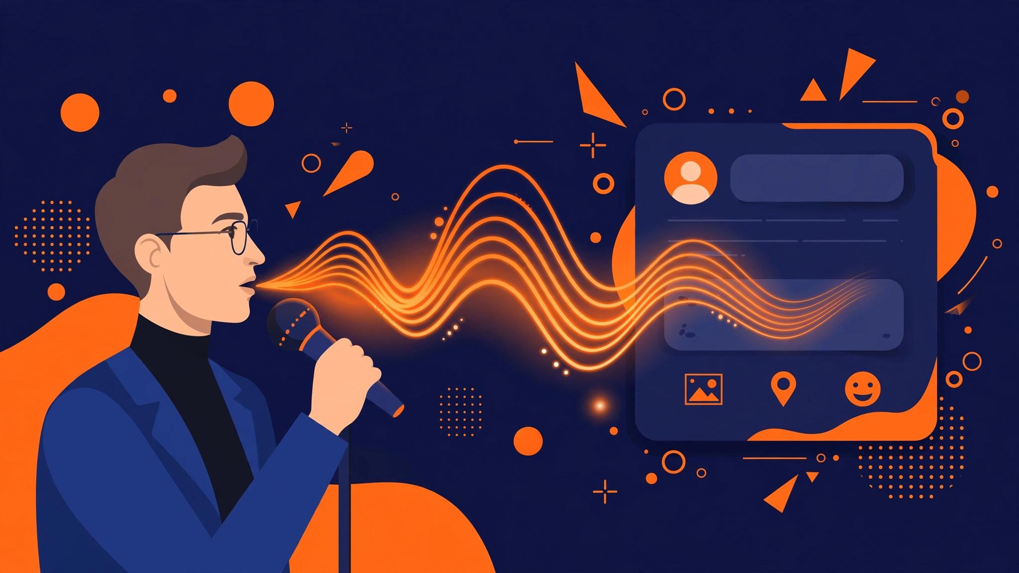 Illustration of a professional dictating a LinkedIn post by voice, with sound waves flowing into a social post composer