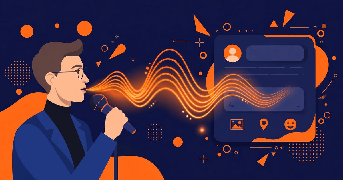 Illustration of a professional dictating a LinkedIn post by voice, with sound waves flowing into a social post composer