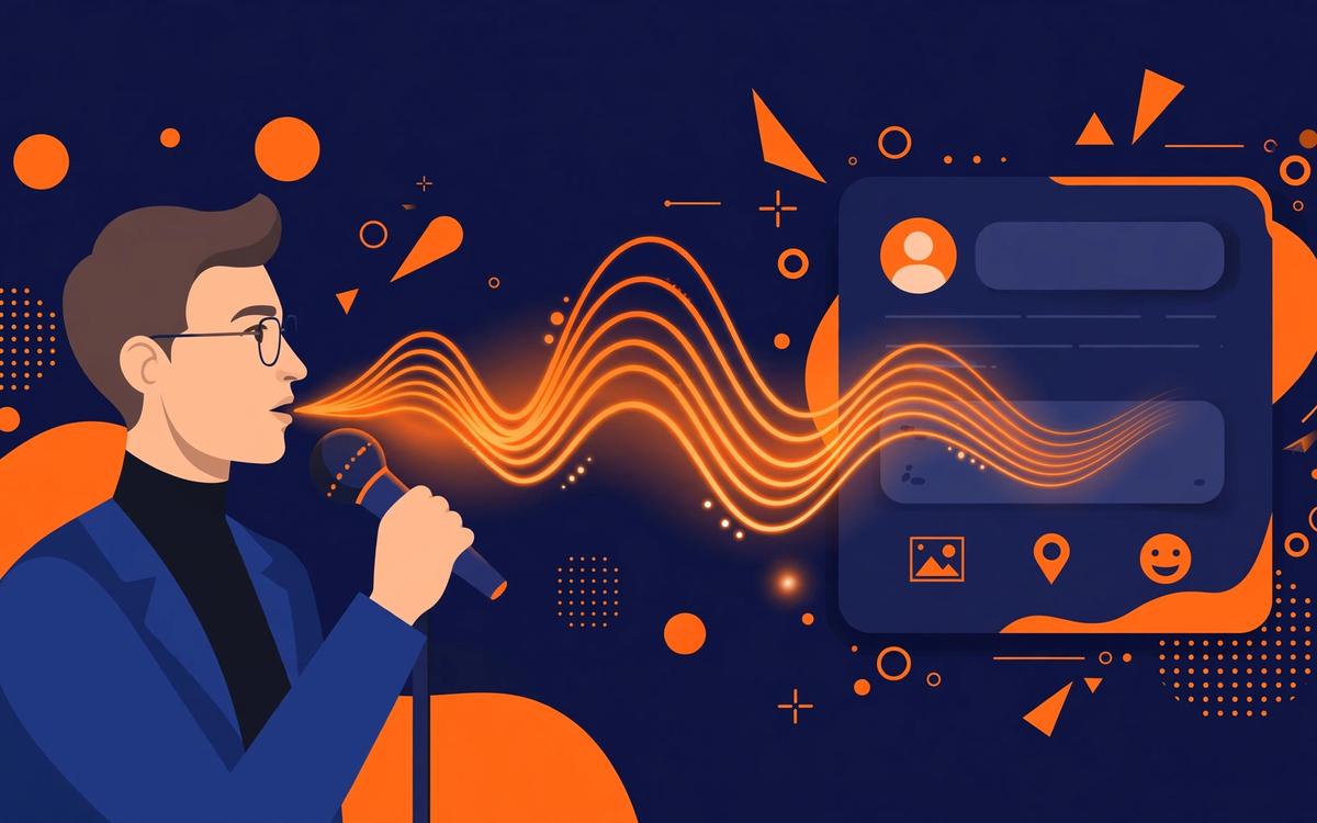 Illustration of a professional dictating a LinkedIn post by voice, with sound waves flowing into a social post composer