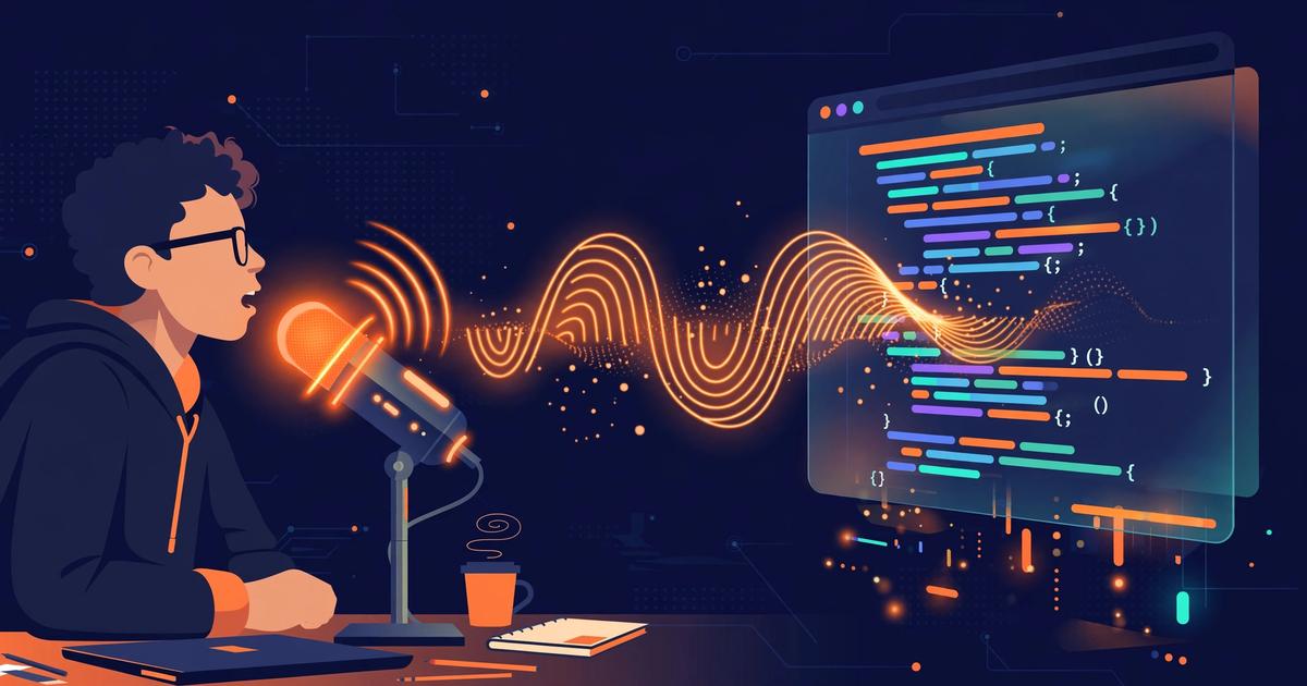Editorial illustration of a developer dictating into a glowing microphone beside a floating code editor window, dark navy background with orange accents.