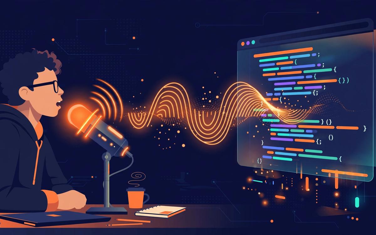 Editorial illustration of a developer dictating into a glowing microphone beside a floating code editor window, dark navy background with orange accents.