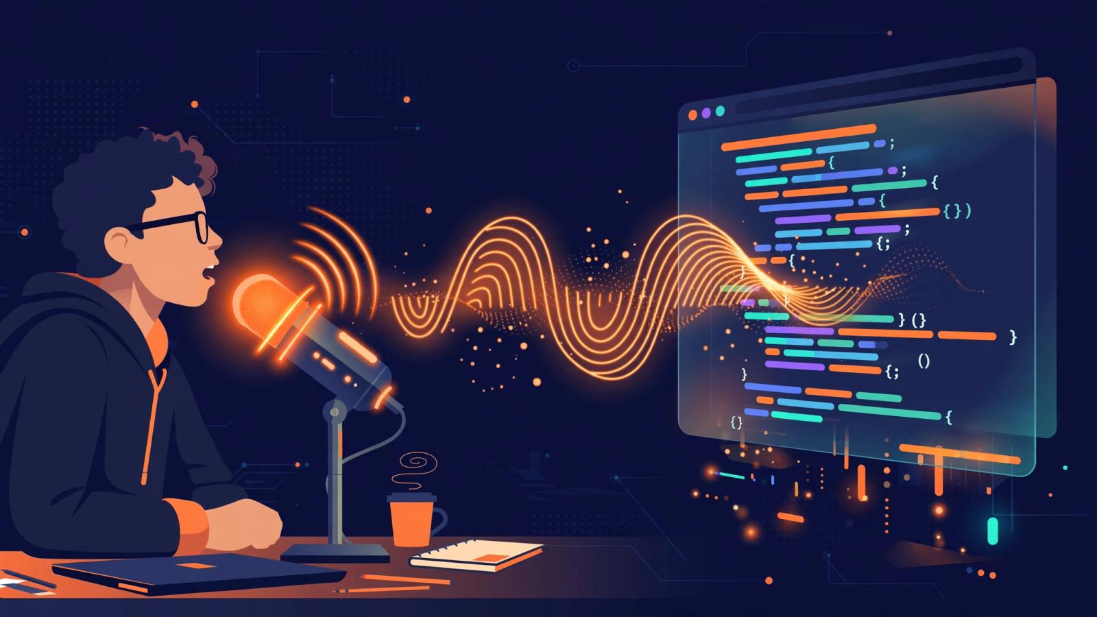 Editorial illustration of a developer dictating into a glowing microphone beside a floating code editor window, dark navy background with orange accents.
