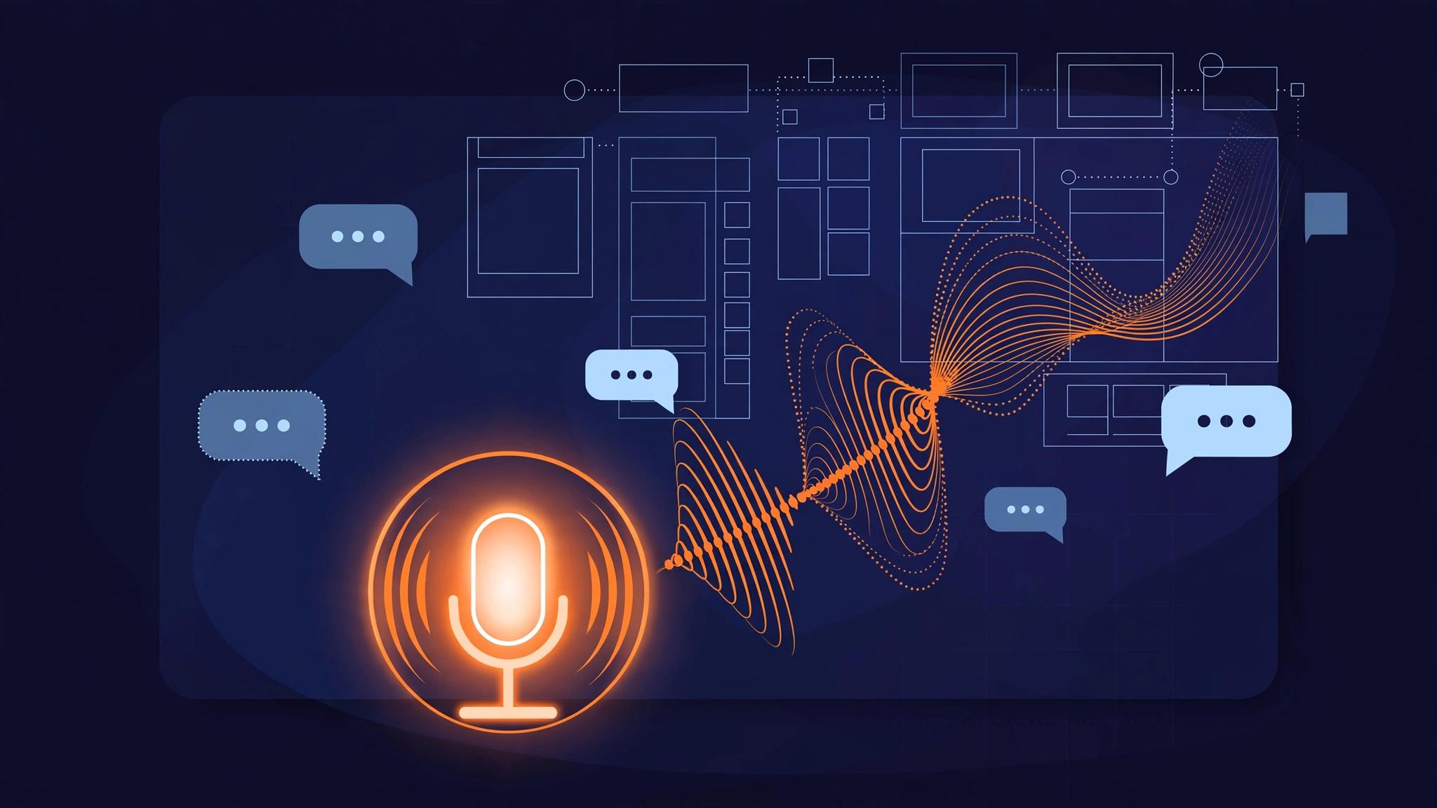 A designer's screen showing a Figma-style canvas with comment bubbles, a microphone icon, and sound waves flowing toward the design frame