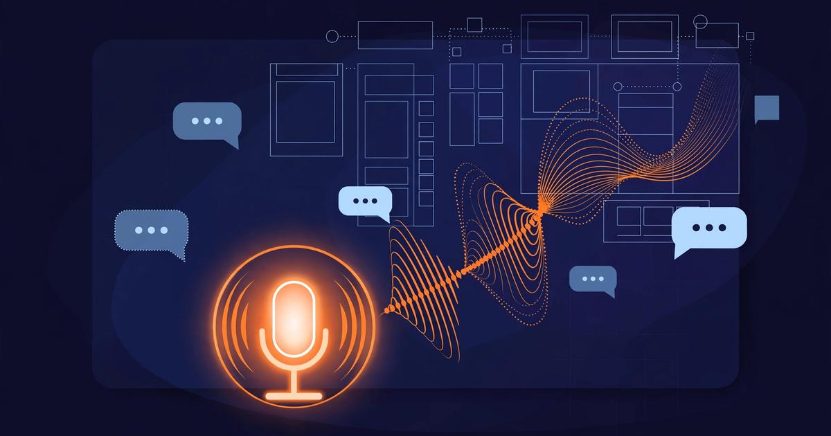 A designer's screen showing a Figma-style canvas with comment bubbles, a microphone icon, and sound waves flowing toward the design frame