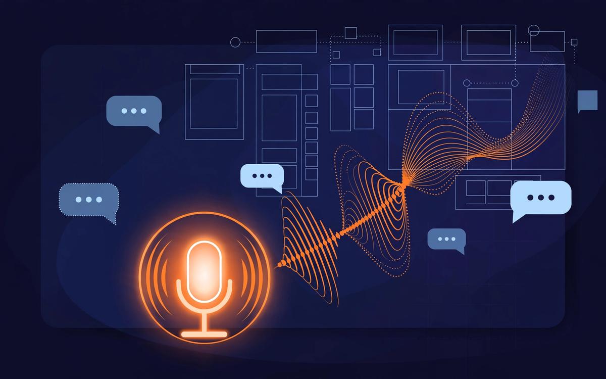 A designer's screen showing a Figma-style canvas with comment bubbles, a microphone icon, and sound waves flowing toward the design frame