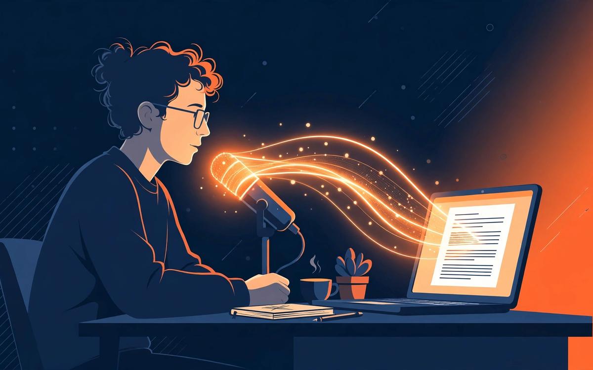 A writer speaking into a microphone next to a laptop showing a novel manuscript draft, warm editorial illustration in navy and orange
