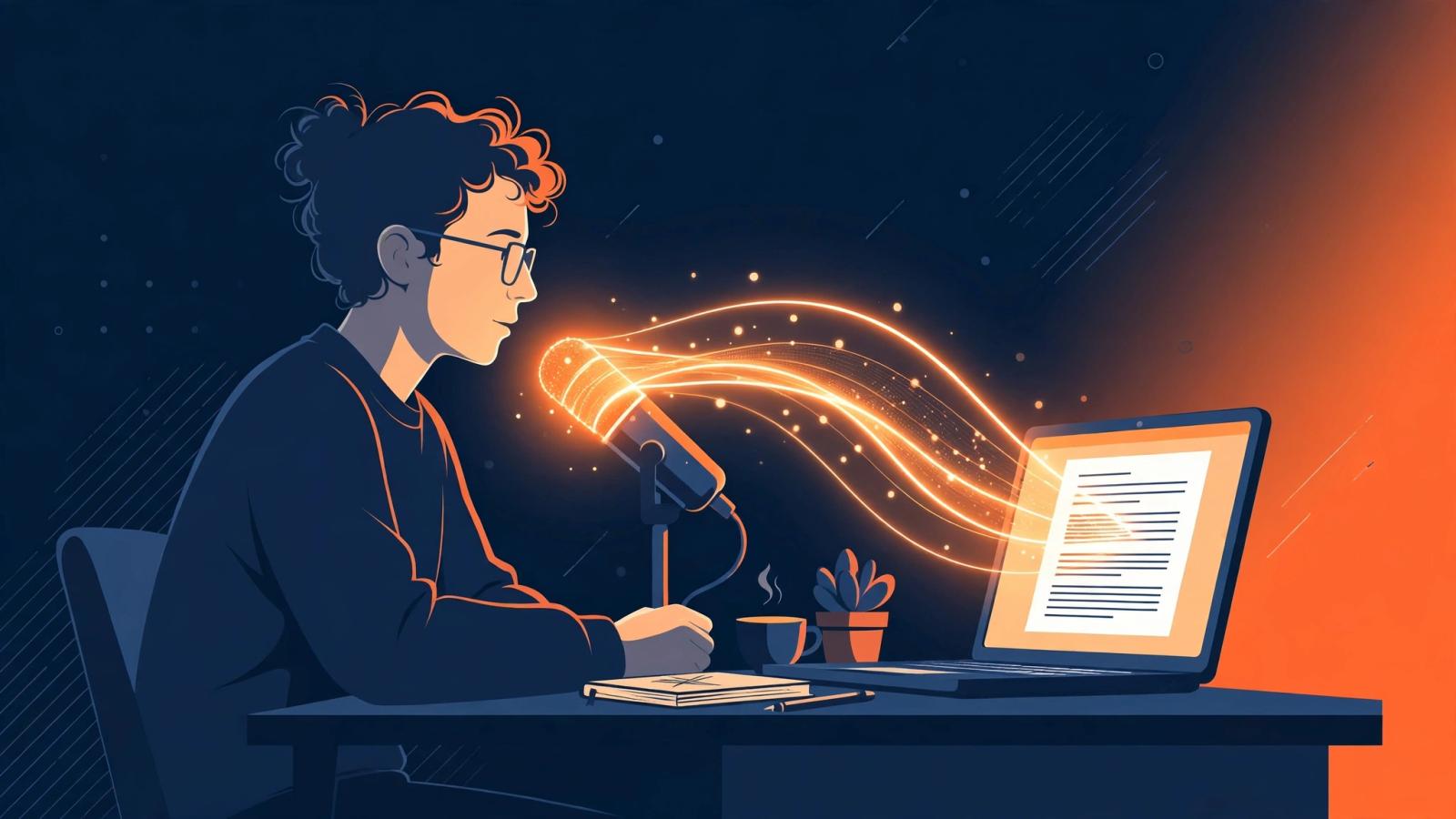 A writer speaking into a microphone next to a laptop showing a novel manuscript draft, warm editorial illustration in navy and orange