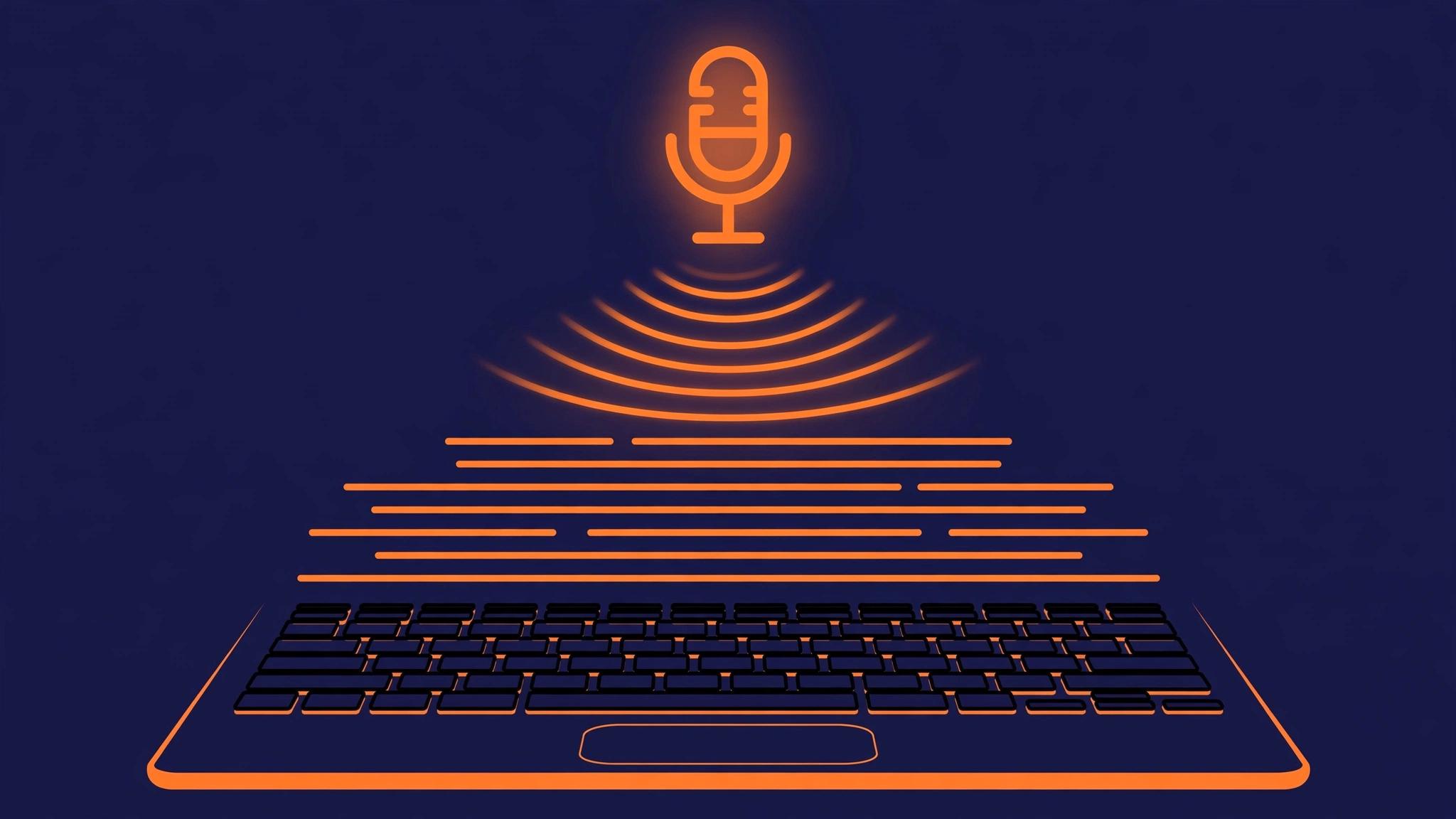 A MacBook with a microphone icon floating above the keyboard, waves of sound turning into clean typed text, dark navy and orange editorial illustration.