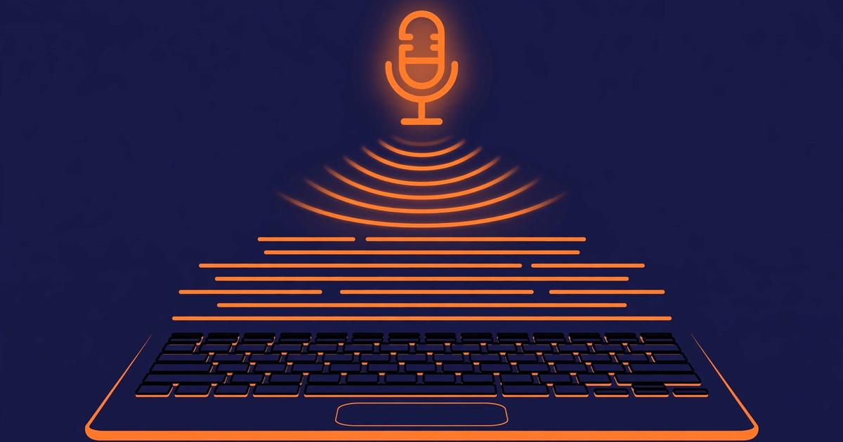 A MacBook with a microphone icon floating above the keyboard, waves of sound turning into clean typed text, dark navy and orange editorial illustration.