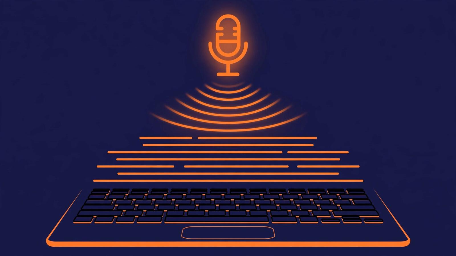 A MacBook with a microphone icon floating above the keyboard, waves of sound turning into clean typed text, dark navy and orange editorial illustration.