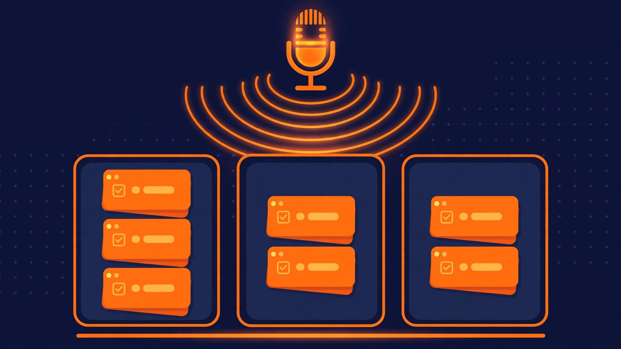 A project management board with ticket cards and a floating microphone icon suggesting voice dictation.