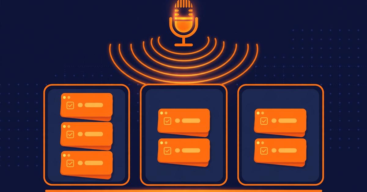 A project management board with ticket cards and a floating microphone icon suggesting voice dictation.