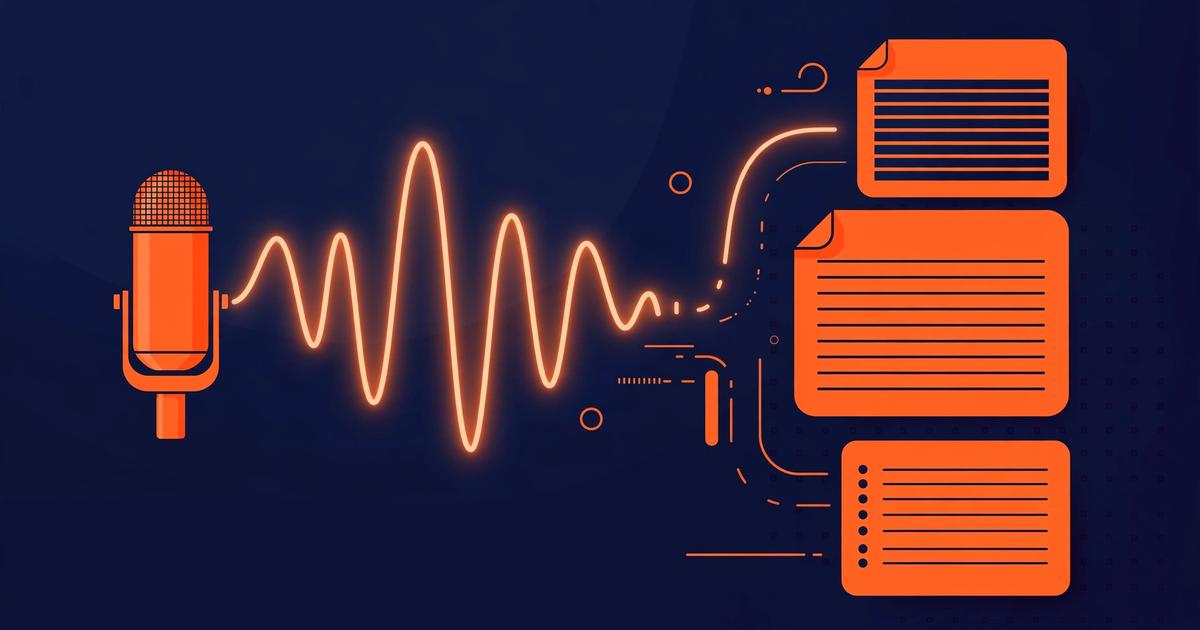 A person dictating a Slack message by voice at their desk, with a speech waveform flowing into a chat window, dark navy and orange tech illustration with no text.