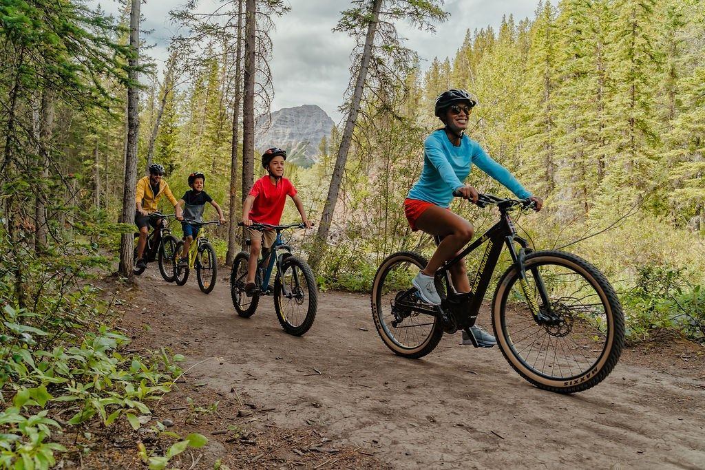 A group riding mountain bikes
