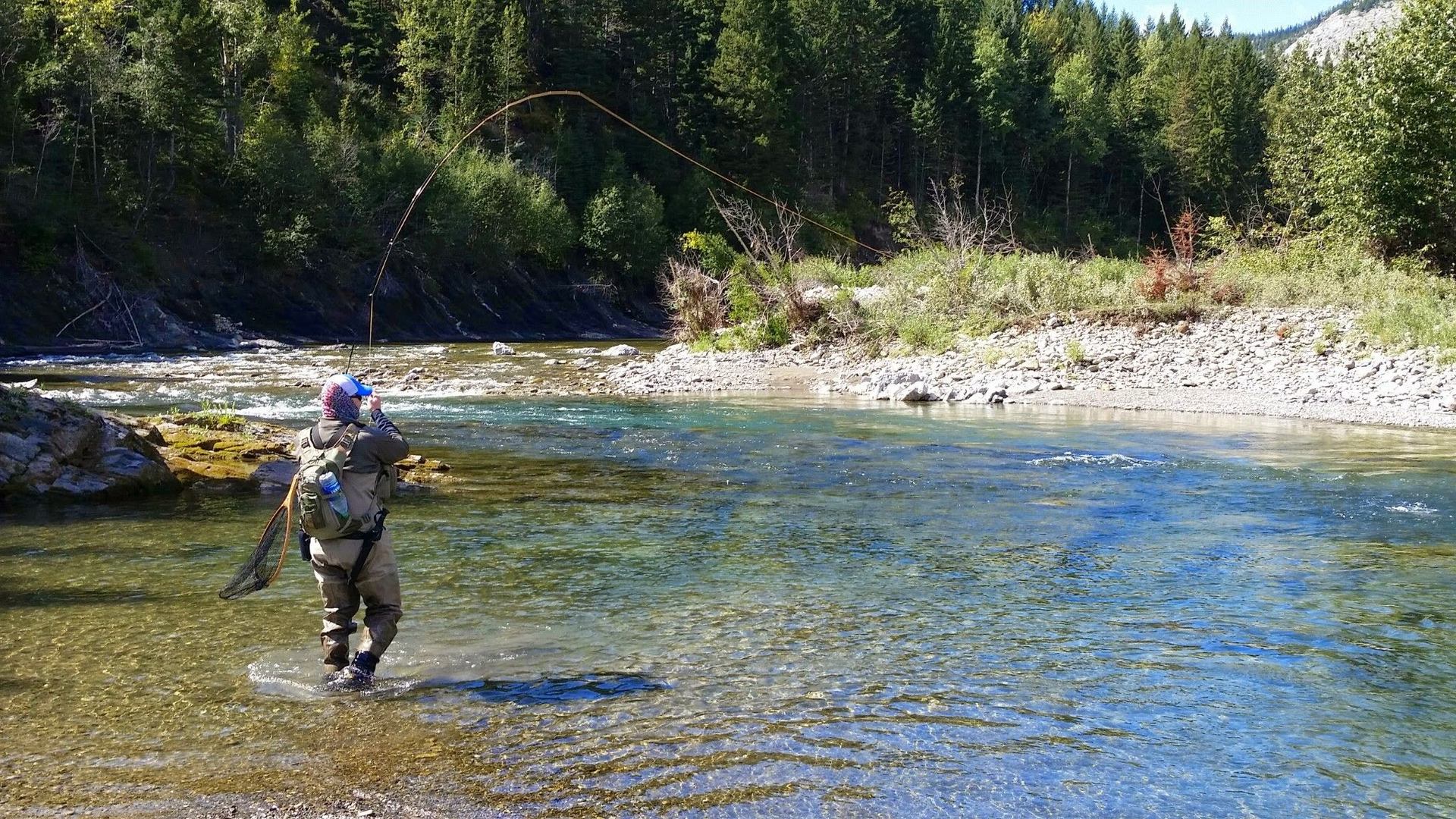 A fly fisher casts into the river.