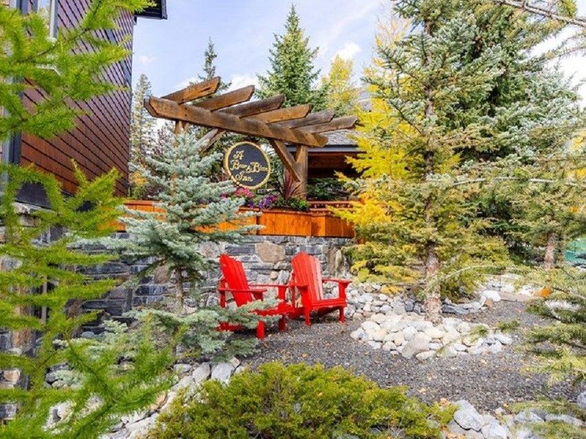 Two red chairs sit in a clearing surrounded by evergreen trees.