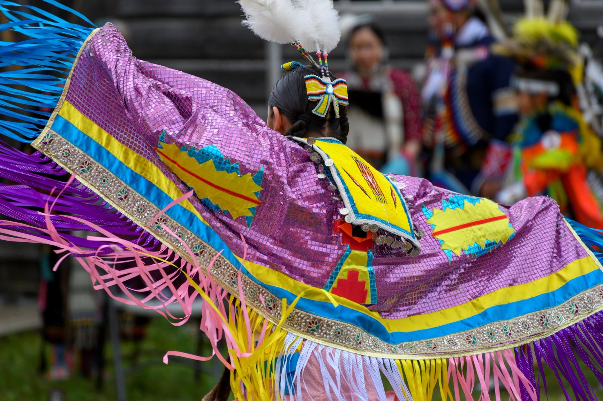  A woman in traditional Indigenous dance regalia at Fort Whoop-Up. 