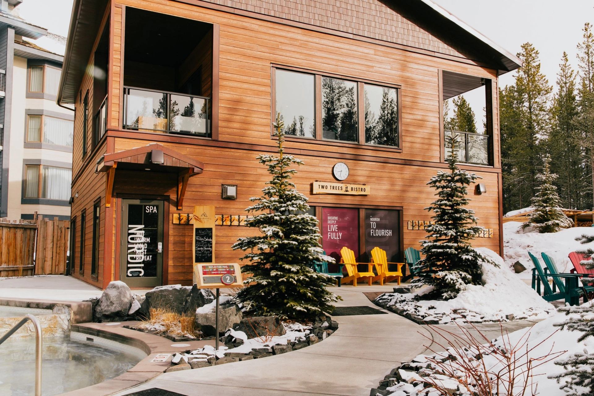 Exterior of Kananaskis Nordic spa in winter.