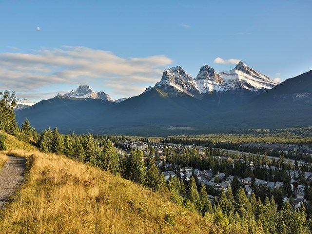 Scenic shot of Three Sisters Mountains from the town of Canmore.