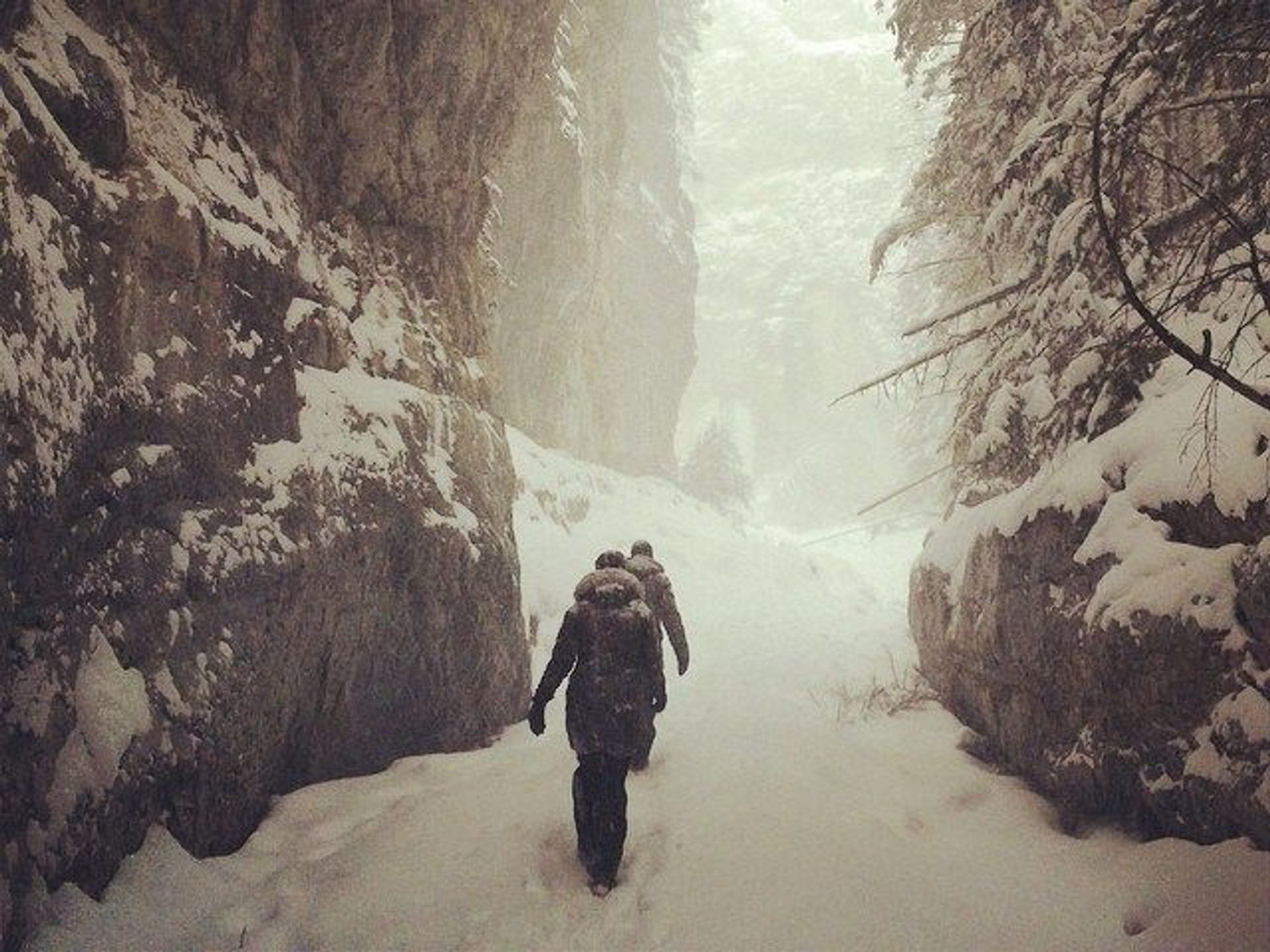 Two people walking in Grotto Canyon in winter