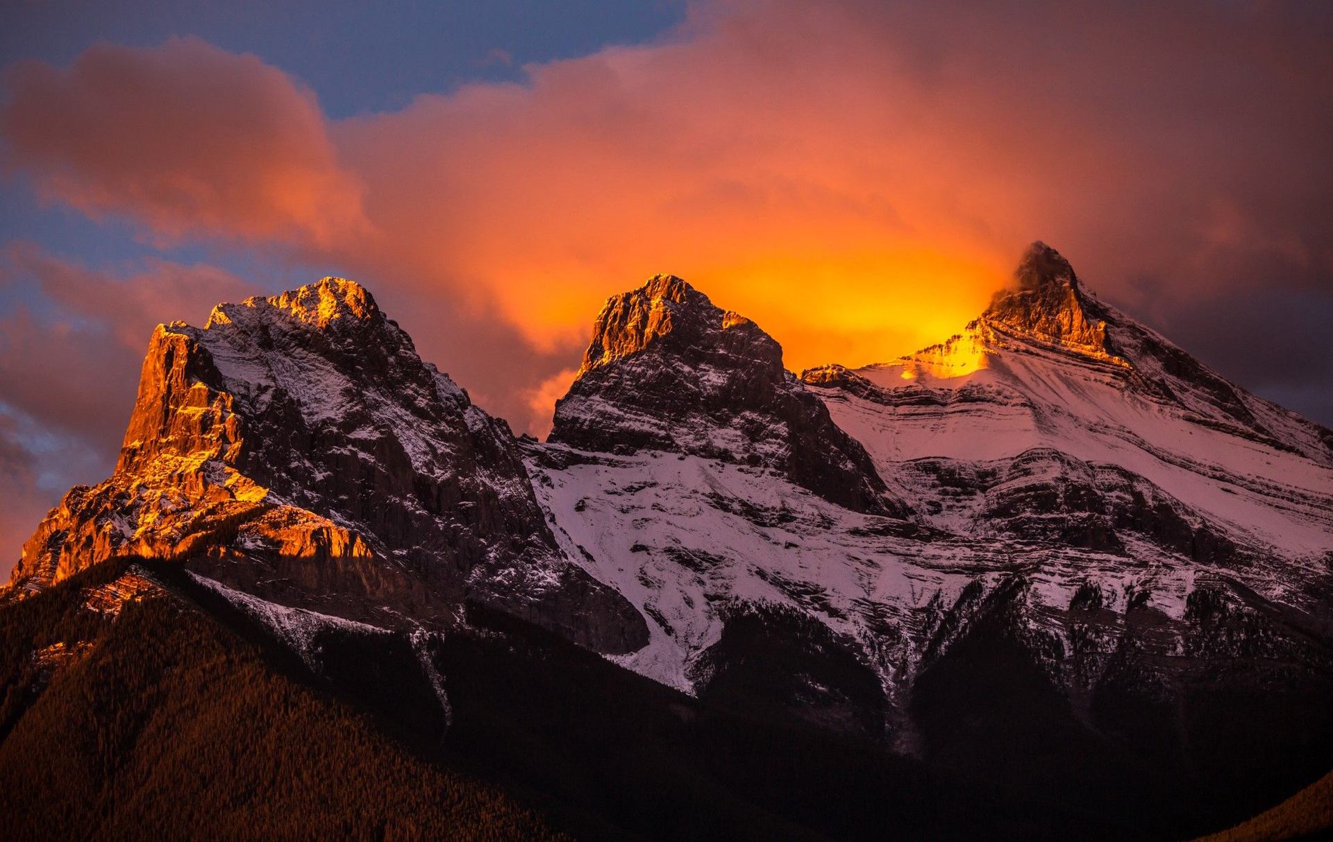 Shot of Three Sisters Mountains at sunrise.