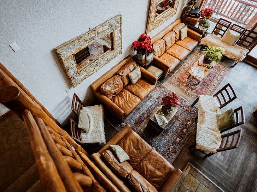 An overhead view of a rustic living room.