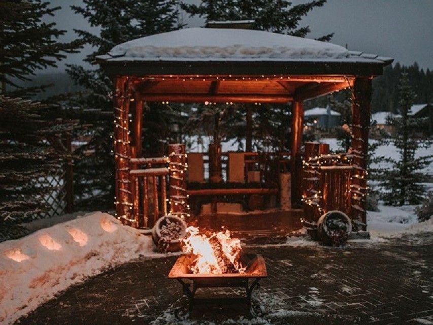A fire burns on winter evening.